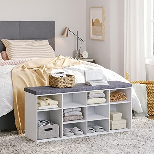 DINZI LVJ Shoe Storage Bench with Cushion, Cubby Shoe Rack with 12 Cubbies, Adjustable Shelves, Multifunctional Shoe Organizer Bench for Entryway, Mudroom, Hallway, Closet and Garage, White 5