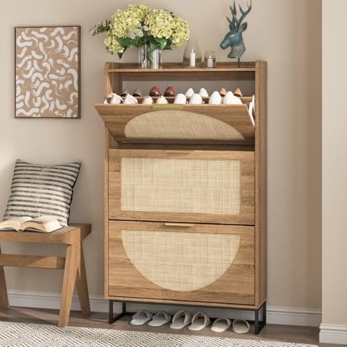 Maupvit Rattan Shoe Storage Cabinet with 3 Flip Drawers, Freestanding Shoe Organizer with Metal Legs for Entryway, Hidden Golden Handles, Narrow Shoe Rack Cabinet, Rustic Oak Rattan