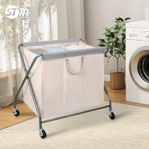 STORAGE MANIAC 160L Collapsible Laundry Hamper with Wheels, Rolling Laundry Basket, Heavy Duty Cloth Sorter with Removable Bag, Folding X Frame Clothes Organizer Cart for Easy to Store, 3 Section 5