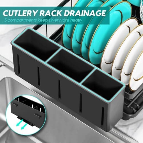 MERRYBOX Stainless Steel Dish Drying Rack for Kitchen Counter Sink，Rustproof Stainless Steel Dish Rack with Large 3-Compartment Utensil Holder 5