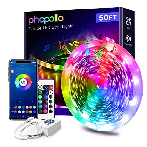 PHOPOLLO Bluetooth Led Strip Lights 50ft 5050 RGB Color Changing LED Lights for Bedroom, Kitchen Decoration, App Control and Music Sync.