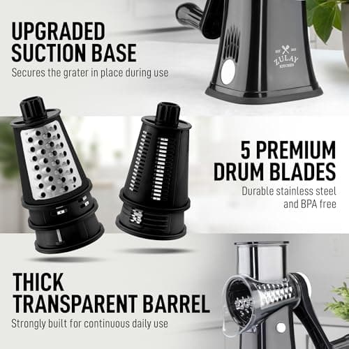 Zulay Kitchen Rotary Cheese Grater 5 Blade Cheese Shredder - Manual Hand Crank Cheese Grater With Reinforced Suction & 5 Interchangeable Drums - Easy to Use, Vegetable Chopper Round Mandoline Slicer 7