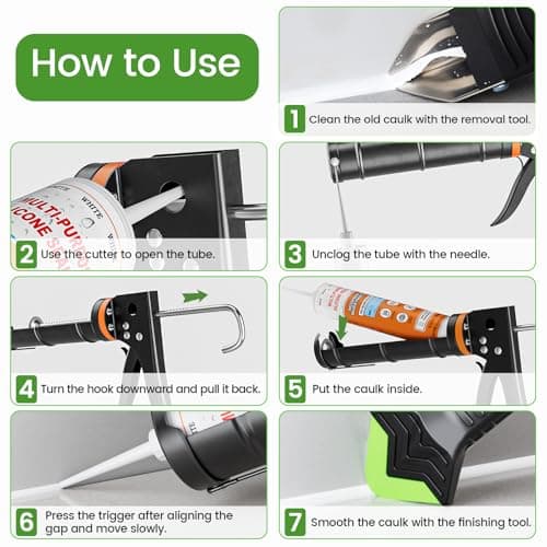 Professional Caulk Gun Kit with Caulk Remover & Silicone Sealant - 5 in 1 Caulking Tool Set for Caulking Removal, Includes Caulking Gun Tool, Silicone Scraper 8