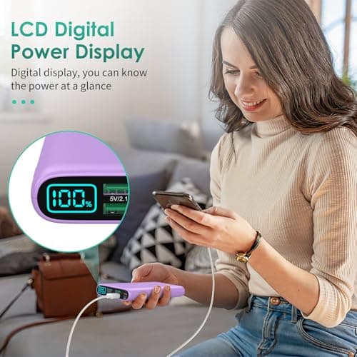 Portable Charger 38800mAh,LCD Display Power Bank,5 USB Outputs Battery Pack Backup, USB-C 3A in&out Travel Essential Portable Phone Charger For iPhone 17/16/15/14/13 Pro,Android Samsung Galaxy-Purple 8