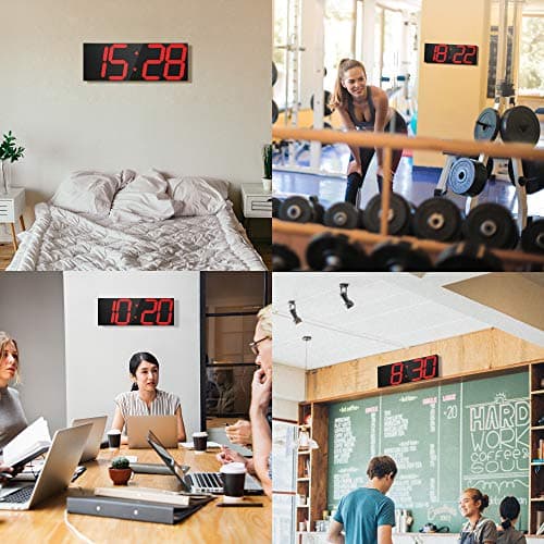 CHKOSDA LED Large Digital Wall Clock, Oversize Wall Clock with 6” Numbers, Remote Control Count up/Countdown Timer Clock, Auto Dimmer, Big Calendar and Thermometer(Red) 7