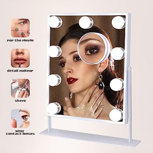 COOLJEEN Vanity Mirror with Lights, 9 Led Bulbs Lighted Makeup Mirror with Detachable 10X Magnification Mirror, Hollywood Mirror 3 Color Lights Tabletop Makeup Mirror, 360°Rotation 5