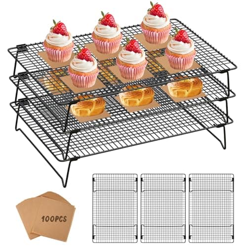 SHOUNAJIA Cooling Rack for Cooking and Baking, 3-Tier Stackable Wire Cooling Rack with Legs for Cooling Cookie, Pizza, Cake, Baking Paper 100 Pcs, 17" x 11", L