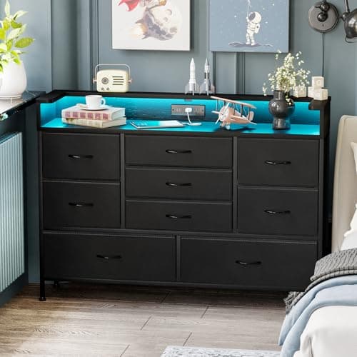Fixwal Black Dresser for Bedroom with 9 Storage Drawers and Charging Station, Fabric Chest of Drawers for Kid Room, Entryway, Boy Bedroom