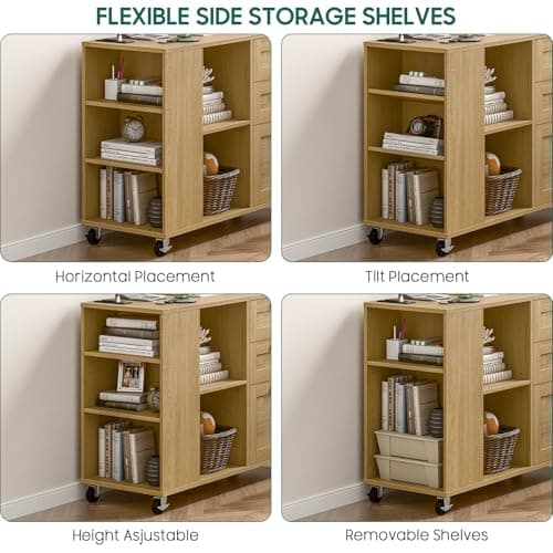 Vabches File Cabinet with Charging Station, 3 Drawer Lateral Mobile Rattan Filing Cabinet with Lock Wood Storage Organizer with Wheels Printer Stand with Open Shelves for Home Office 6