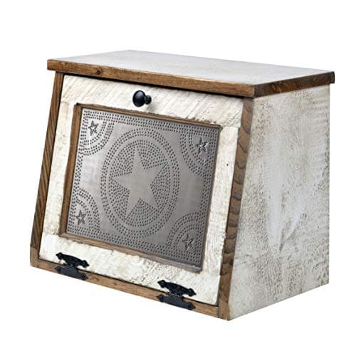AMISH VALLEY PRODUCTS Rustic Wood Bread Box Large Kitchen Counter Storage Punched Star Tin Primitive décor Interior Shelf Wooden Country Farmhouse Breadbox (Country White)