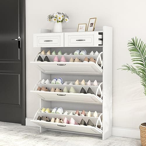 HZANHY Shoe Cabinet,Freestanding Shoe Organizer with Metal Drawer Bracket for Entryway, Narrow Shoe Rack Cabinet, Shoe Organizer for Entryway, Living Room