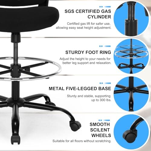 Bondesin Drafting Chair, Ergonomic Tall Office Chair with Lumbar Support Standing Desk Stool with Flip-up Armrests Comfy High Office Desk Chair with Adjustable Foot Ring for Counter Height Desk, Black 9