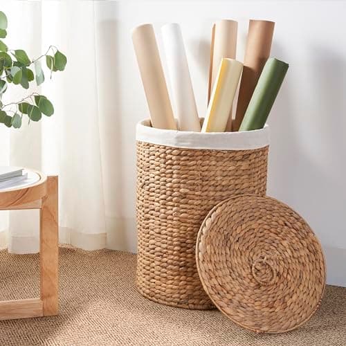 Round Handwoven Laundry Basket with Lid, 15 x 15 x 20 in – Water Hyacinth Wicker Hamper for Bedroom, Nursery & Laundry Room 9