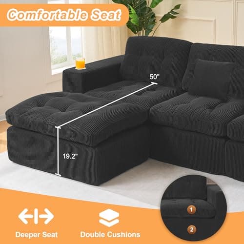 Modular Sectional Sofa with L-Shape Chaise, 102" Cloud Sectional Couch with Deep Seat, 3 Seat Modular Sofa Memory Foam, Upholstered Boneless Couches for Living Room, No Assembly Required, Black 5