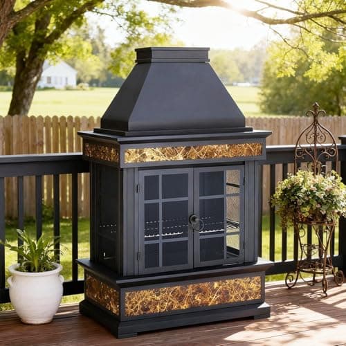 EROMMY 57" Outdoor Fireplace, Tile Finish Wood Burning Steel Fire Pit with Removable Ash Pan & Grate, Chimney, Fire Poker, Rain Cover, Idea for Backyard, Patio, Party