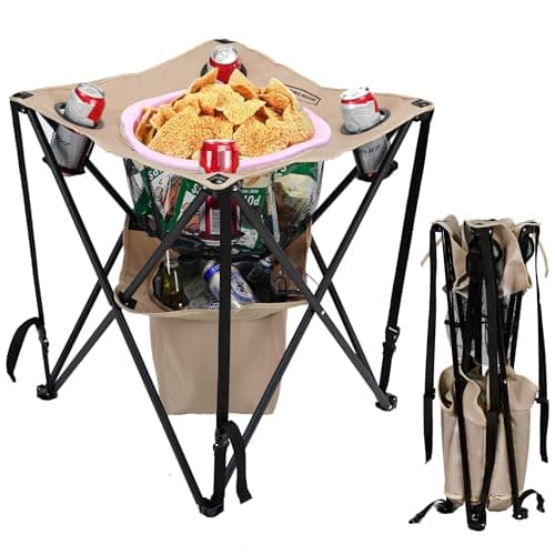 YOUNG WOOD Camping Table Folding Picnic Table with 4 Cup Holders, Cooler and Carrying Bags Collapsible Canvas Portable Tables Folding for Outdoors, Beach, Hiking and Tailgating, Khaki
