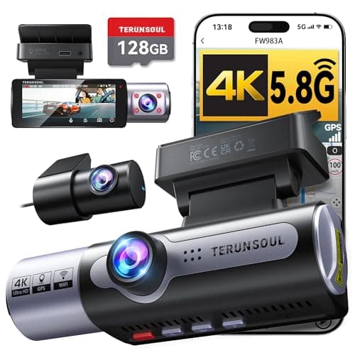 TERUNSOUl 4K Dash Cam Front and Rear, Full HD 3 Channel Dashcam, Free 128GB MicroSD Card, Built-in 5.8GHz WiFi Built-in GPS, Collision Sensor, Night Vision, HDR, 3.16" IPS, 24H Parking Mode(Black)