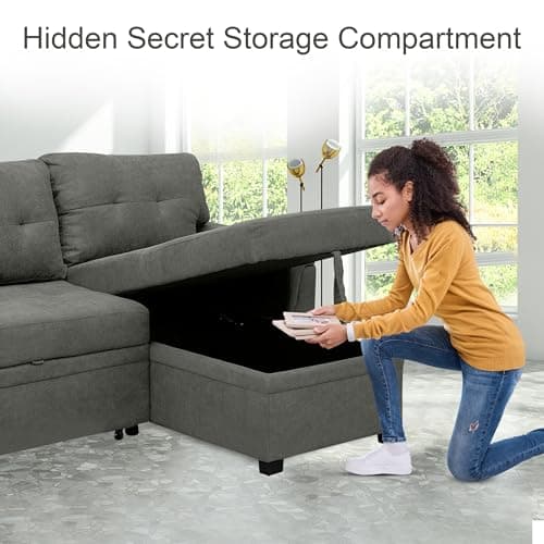 Naomi Home Transform Any Space: Sleeper Sectional Sofa with Convertible Sofa Bed & Inviting Chaise. Find Tranquil Comfort with Stress-Relieving Design & Durable Cushions - Gray/Velvet 6