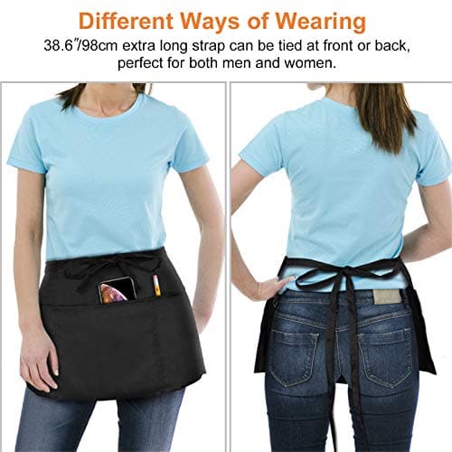 2 Pack Waitress Apron with 3 Pockets - Water & Oil Resistant - Black Waist Aprons for Servers - Half Aprons for Women - 12 Inch 6