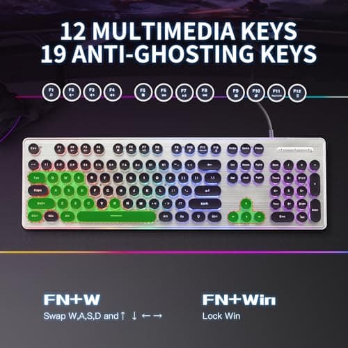 ANSWK Typewriter Style Keyboard with Metal Panel, Rainbow LED Backlit, Round Keys, Anti-ghosting, Spill Resistant, Light Up USB Wired Retro 104 Keys for Office,Gaming, Black/Silver 5