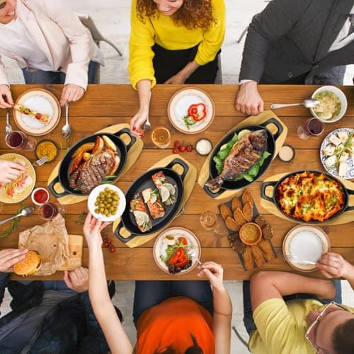 Mezchi 4 Pack Mini Cast Iron Fajita Skillet Set, 8.5 x 6.1 Inch Sizzling Plate with Wooden Base, Small Oval Casserole Dishes, Cast Iron Pizza Baking Steak Pan for Stove, Oven, Grill 5