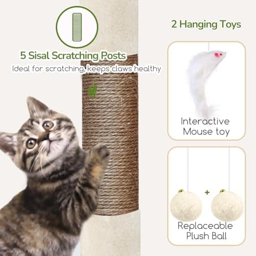 Globlazer Cat Tree Condo Tower for Multiple Indoor Cats, 52in Multi-Level Cat Scratching Tree with Cat Condos, 5 Sisal Scratching Posts, 2 Padded Perches, Big Haging Basket, Widened Base, S52, Beige 5