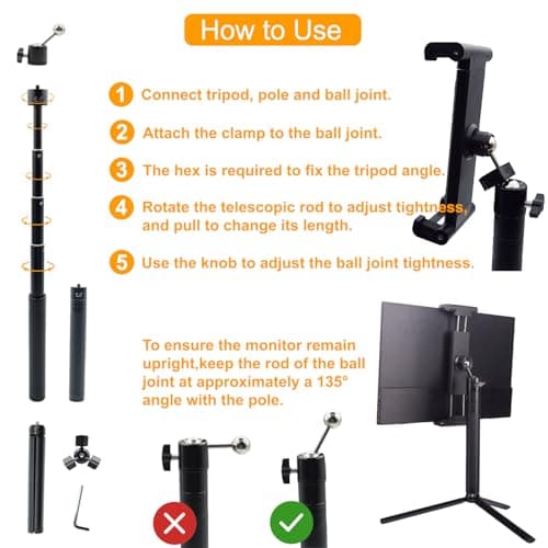 FeeLazy Portable Monitor Stand 15.6 18.5 inch Travel Monitor Stand iPad Tablet Holder with Super Wide Clamp Swivel Tilt Ball Joint Telescopic Pole and Foldable Tripod FL11C 6