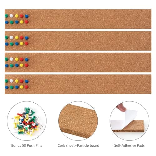 HBlife Cork Board Bulletin Board Bar Strip 15x2 Inch - 1/2 Inch Thick, Frameless Cork Board Strips with 50 Multi-Color Push Pins, Strong Self Adhesive Backing - 4 Pack 4