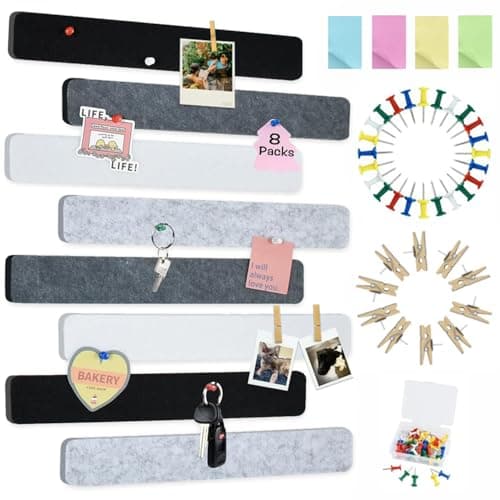 Vuzvuv 8 pcs Bulletin Board Bar Strips with 50 Pushpins & 10 Wooden Clip pins，Self Adhesive Cork Board for Wall，Felt Pin Board for School，Office Decor（Black White Grey）