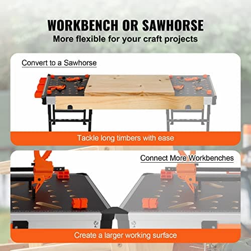 VEVOR Folding Work Table, 2-in-1 as Sawhorse & Workbench, 1000 lbs Load Capacity, Steel Legs, Portable Foldable Tool Stand with 2 Wood Clamps, 4 Bench Dogs, 3 Tool Boxes, 2 Hooks, Easy Garage Storage 5