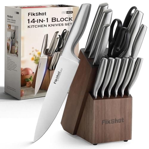 Knife Block Set, Kitchen Knife Sets with Block, FIKSHOT Knives Set - Razor-Sharp Santoku Knives, Fruit and Kitchen Sets - Rust Resistant for Homecooks (Silver + Walnut)