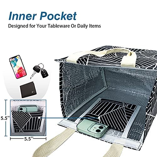 iknoe Insulated Lunch Bag for Women & Adults, 9L Foldable Wide-Open Cooler Bag with Pockets, Leakproof & Portable, for Picnic, Office, Beach, Black Rhombus 5