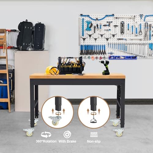 HABUTWAY Height Adjustable Workbench with Wheels 48" x 24" 2000 Lbs Capacity Solid Wood Work Station Heavy-Duty Rolling Work Tables for Garage Party Shop Office 8