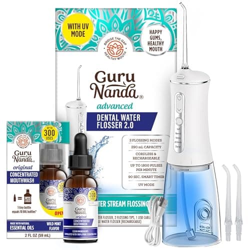 GuruNanda Advanced Water Flosser 2.0 with UV Mode & Concentrated Mouthwash Duo - Fresh Breath & Thorough Plaque Removal for a Brighter Smile