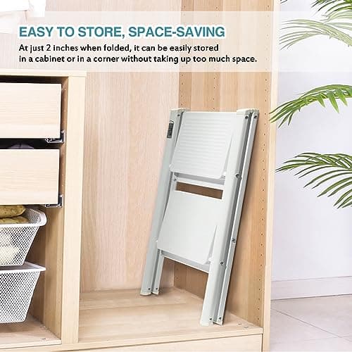BOCOM 2 Step Ladder, Lightweight Portable Foldable Collapsible Folding Sturdy Iron Metal Step Stool with Anti-Slip Wide Pedal, Heavy Duty 330 lbs Capacity, for Home, Kitchen, Closet, Adults, White 7