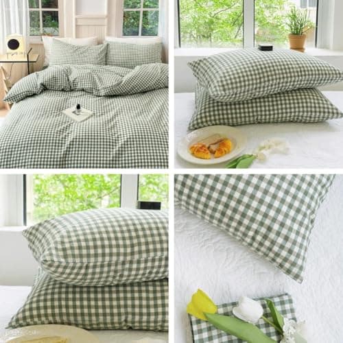 LifeTB Green Gingham Pillowcases Set Farmhouse Standard Size Pillow Shams Buffalo Green Plaid Pillowcases Set of 2, Grid Checkered Gingham Washed Cotton Pillow Covers with Envelope Closure, 20"×26" 6