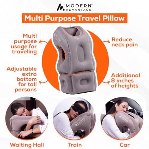 Modern Advantage Inflatable Travel Pillow with Adjustable Extra Bottom Support Neck Pillow for Chin & Head Stability Prevents Neck Pain Plane Pillow for Long Flight Travel - Eye Mask & Earplugs - Grey 5