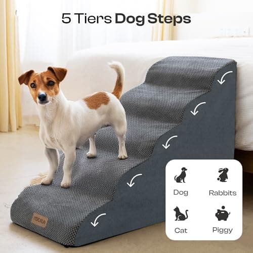 Miorun Dog Stairs for High Beds Up to 26", Extra-Tall 24.5" 5-Step Foam Pet Ramp with Washable Cover, Gentle Slope Steps, Bed & Couch Ladder for Small Medium Dogs & Senior Cat, Puppy Climbing Stairs 5