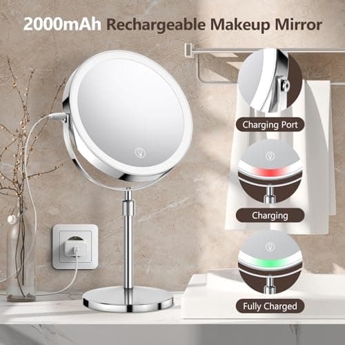 UBYMET Lighted Makeup Mirror, Rechargeable Height Adjustable Double Sided, 1x/10x Magnifying with 3 Color, Brightness Adjustable, 360° Rotation Vanity, Gift for Women 6
