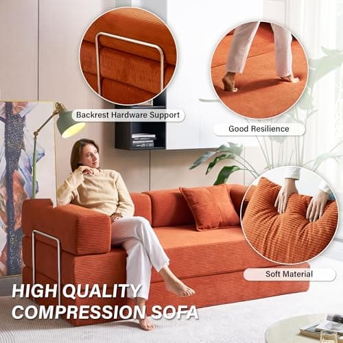 MOEYURO Compression Sofa - 78''Convertible Floor Sofa Bed - with Pillow Back Support Armrest - Comfy Foldable Sofa Bed Compressed Sofa in Box - Corduroy Fabric - for Living Room Bedroom(Orange) 7