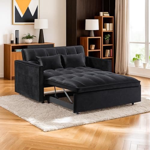 Resenkos 3 in 1 Convertible Sleeper Sofa Bed,Futon Loveseat Couch with Pull-Out Bed & Adjustable Backrest,Velvet Fabric Sofa with Side Pocket for Small Apartment, Living Room, Office (Black) 8