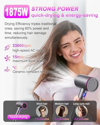 Ionic Hair Dryer, Arhhn Powerful 1875W 110,000 RPM Professional Hair Dryer with Diffuser, Lightweigh Low Noise Blow Dryer for Fast Drying, Lightweight Hairdryer for Home,Travel,Gifts, Hair Styling 9