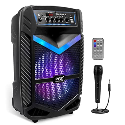 Pyle Portable Bluetooth PA Speaker System - 600W Rechargeable Outdoor Bluetooth Speaker Portable PA System w/ 10” Subwoofer 1” Tweeter, Recording Function, Mic In Party Lights USB/SD Radio