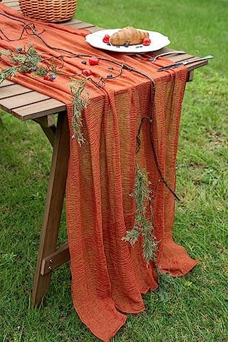 Keketoarrange Fall Thanksgiving Table Runner Terracotta Decorations 120 Inch 10 FT Rustic Burnt Orange Sheer Cheese Cloth for Baby Bridal Shower Friendsgiving Party Centerpiece Gauze Decor for Home 6