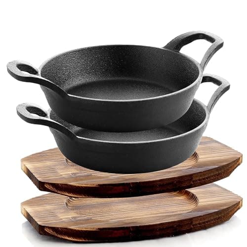 Bruntmor Mini Cast Iron Sizzler Plates Skillet Set Of 4. Round Fajita Plate With Wooden Base/Pan Tray Serving Sizzling Dish And Fajitas, Hot Steak Skillet Dish Without Sinking (2 Sets) 6