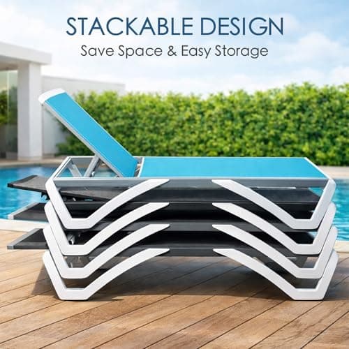 Kozyard Outdoor Chaise Lounge Chair, Full Flat Adjustable Patio Lounger with Aluminum Frame & Resin Legs, Textilene Fabric for Poolside, Backyard & Beach (NavyBlue, 2Chairs with Table) 5