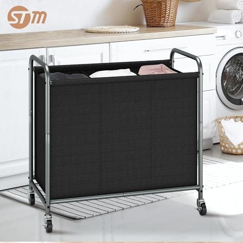 STORAGE MANIAC Rolling Laundry Hamper, 165L Laundry Basket with Lockable Wheels, Triple Clothes Sorter Cart, 3 Bag Clothes Separator Hamper for Closet, Bathroom, Laundrys Room, 3 Section Black 7