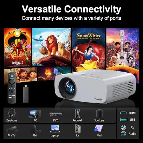 Projector with WiFi and Bluetooth, Pericat 4K Supported Native 1080P Projector, Portable Movie Outdoor Projector for Home Theater, Mini Projector Compatible with PC, HDMI, USB, TV Stick, PS5 6