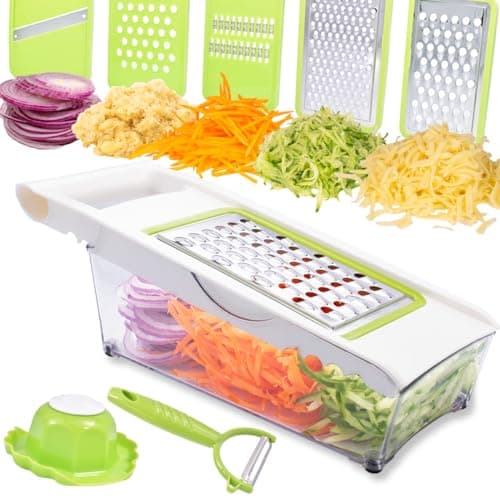 NACOLUS Cheese Grater with Container,5 In 1 Mandoline Slicer for Kitchen,Multi Purpose Vegetable Slicer, Easy to Clean Vegetable Chopper,Cheese Shredder,Julienne Slicer and Peeler
