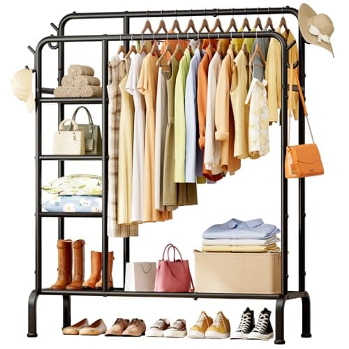 Sakugi Clothes Rack - Double-Rod Clothing Rack with Built-In Hooks & Shelves, Multi-Functional Wardrobe Closet for Bedroom, Living Room, Entryway, 41.3" x 15.3" x 59.8", Black